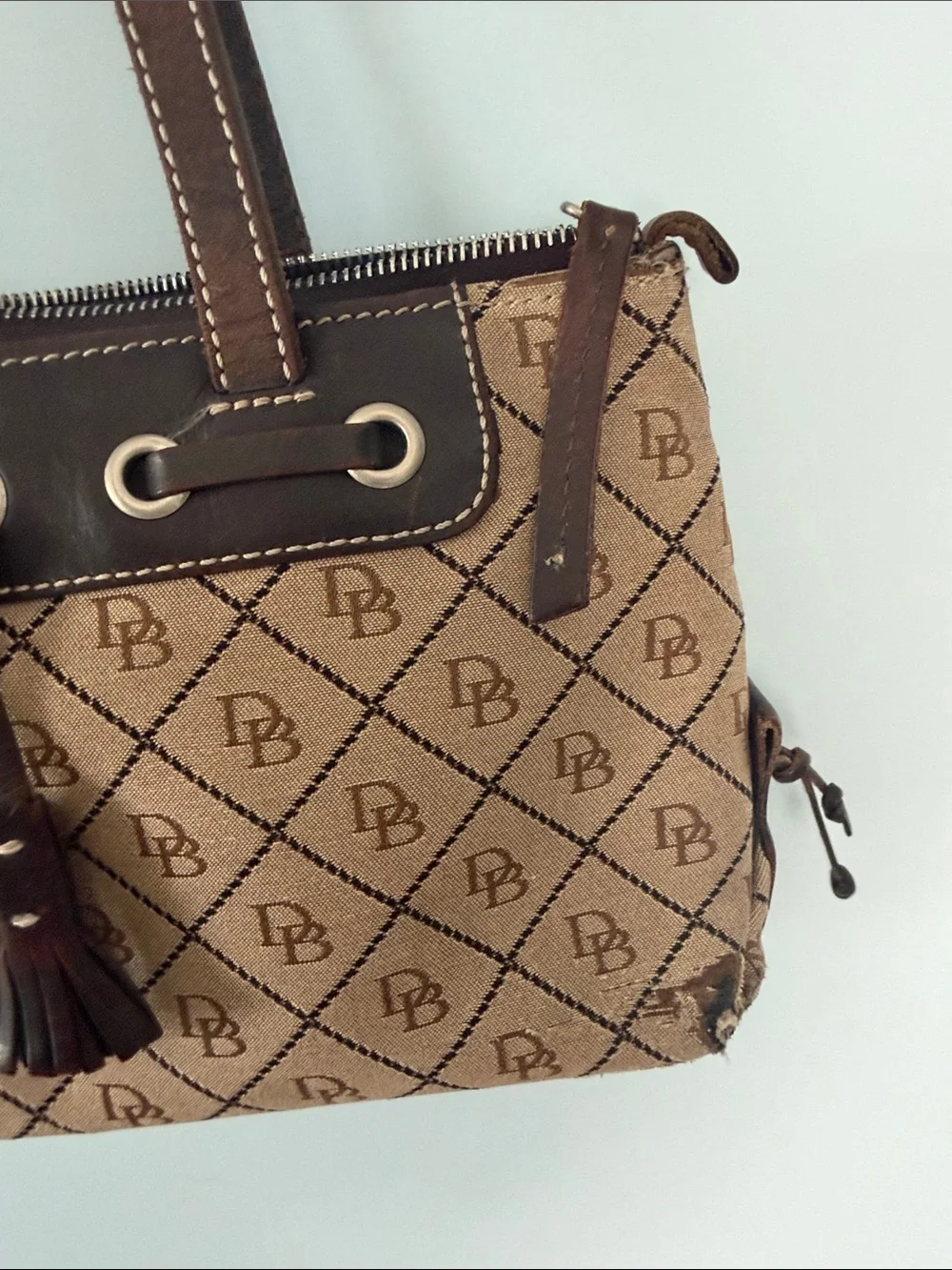 Dooney & Bourke Tan and Dark Brown Signature Monogram Shoulder Bag with Tassel